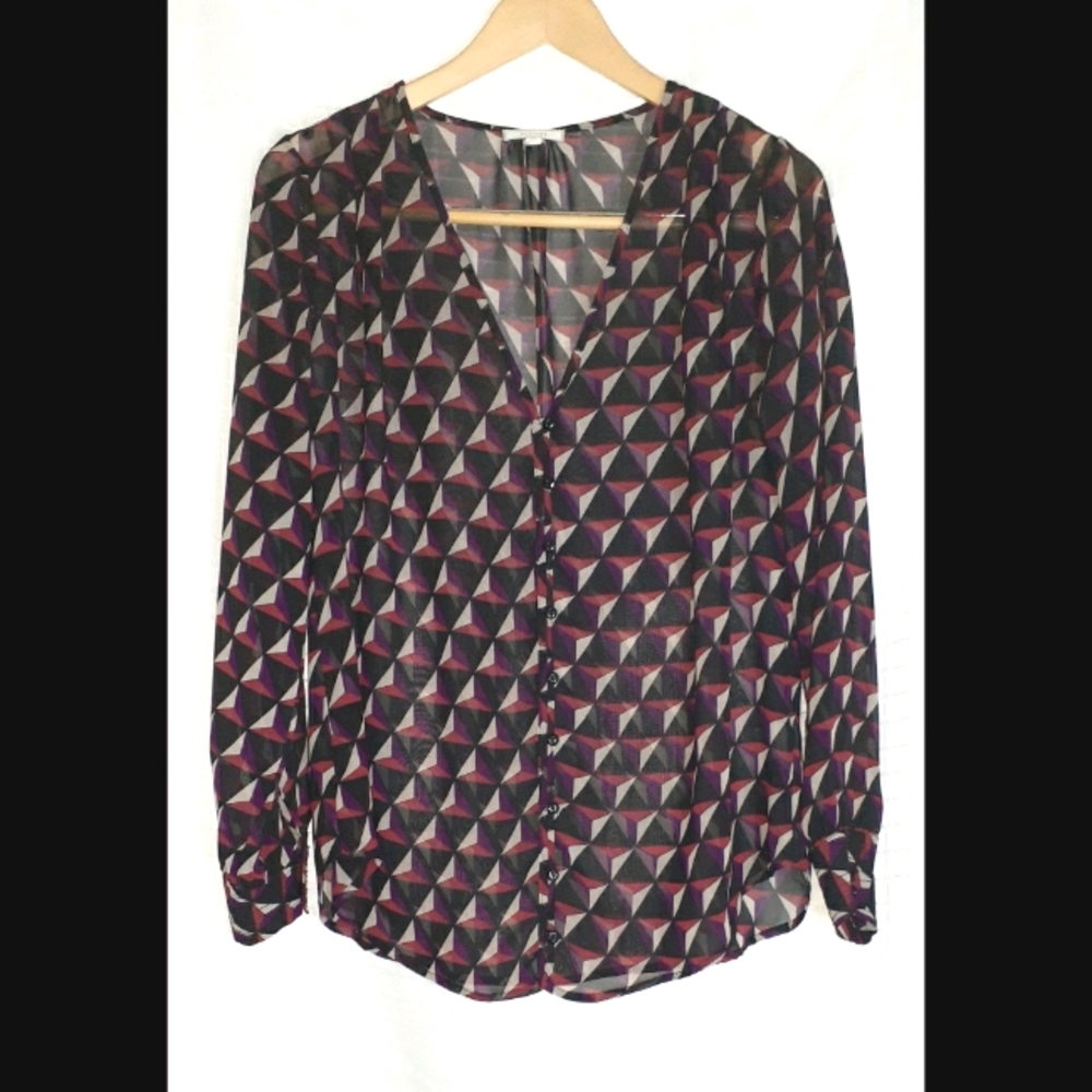 Pleione Black Red Print V-neck L/S Button Shirt M